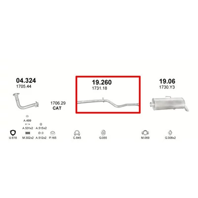 Kipufogócső, közép, Peugeot 106 1.0-1.5, 1991-2004